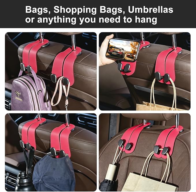 CoBak Purse Hook for Car - Universal Premium Stitched Leather and Aluminum-Magnesium Alloy Double Car Seat Back Storage Hook for Purses, Handbags, Bags (2 Pack),Raspberry