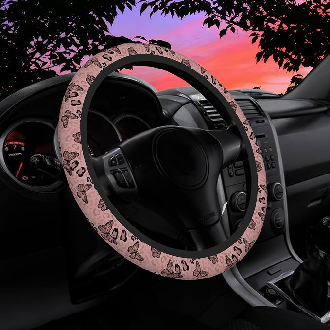 Pink Butterfly Leopard Print Steering Wheel Cover for Women Men Neoprene Breathable Wheel Cover Protector Anti-Slip Car Accessories Universal 15 Inch Fit for Cars Trucks Vehicles