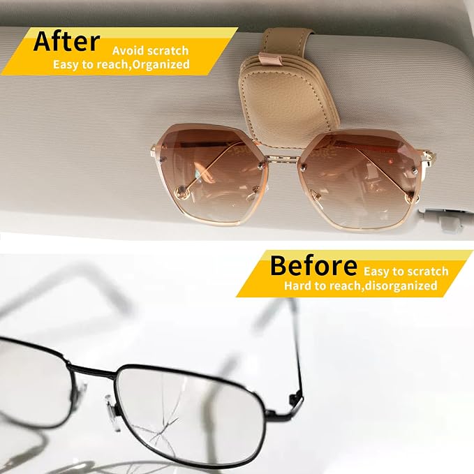 Magnetic Leather Sunglasses Holder for Car, 2 Packs (Beige) | Magnetic Car Visor Accessories