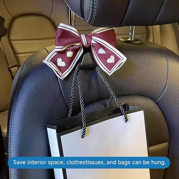 2PCS Car Seat Hooks, Cute Bow Car Seat Headrest Hooks for Purses, Bags, Umbrella, Universal Automotive Interior Decoration Accessoriesl for Vehicle, SUV, Sedan, Truck (Red Heart)