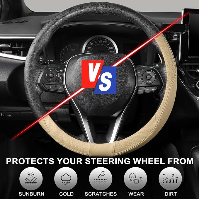 Steering Wheel Cover 14.5-15 inch (37-39 cm) Medium Size, Microfiber Leather, Non-Slip Comfortable Grip, Fits Cars Trucks SUVs, Beige