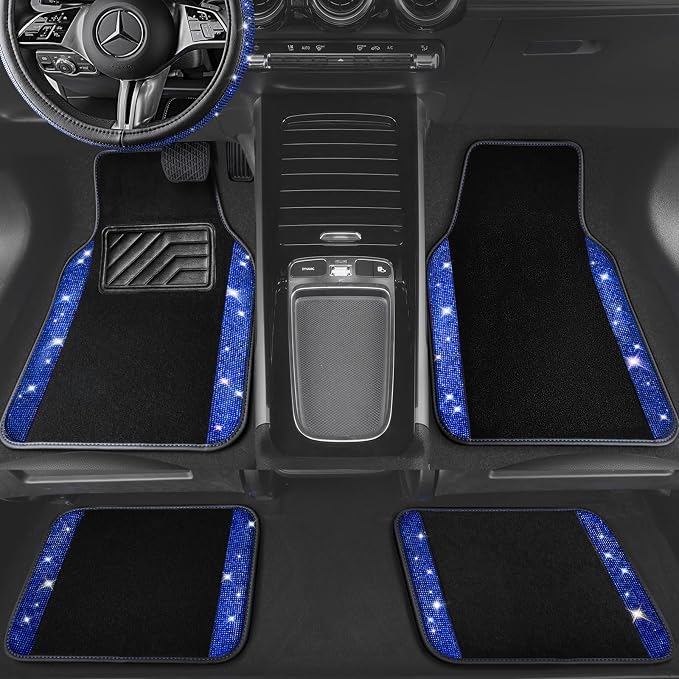 Bling Diamond Leather Steering Wheel Cover 14.5in-15in Floor Mats Shining Rhinestone Carpet Sparkly Glitter Crystal Anti-Slip Pad Fit Automotive SUV Pickup Truck Girl Women, 5pcs Black Blue
