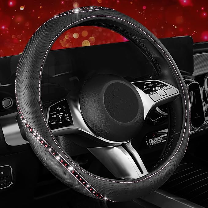 Bling Diamond Leather Steering Wheel Cover, Studded Crystal Rhinestones Universal Fit 14" 1/2-15" Crystal Glitter for Women Sparkle Girl Fit Suvs,Vans,Sedans,Cars,Trucks, Hot Pink Diamond