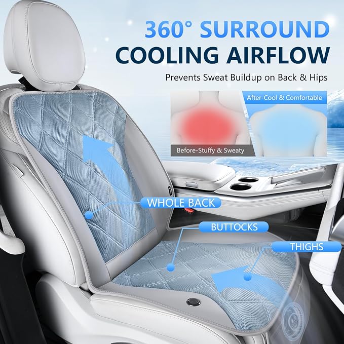Upgraded Cooling Car Seat Cover, 12V-24V Ventilated Car Seat Cushion, 3-Speed Adjustable Cooling Car Seat Cushion, Breathable Mesh & Leather Cooling Seat Pad Universal Fit Car SUV Truck Van-Gray