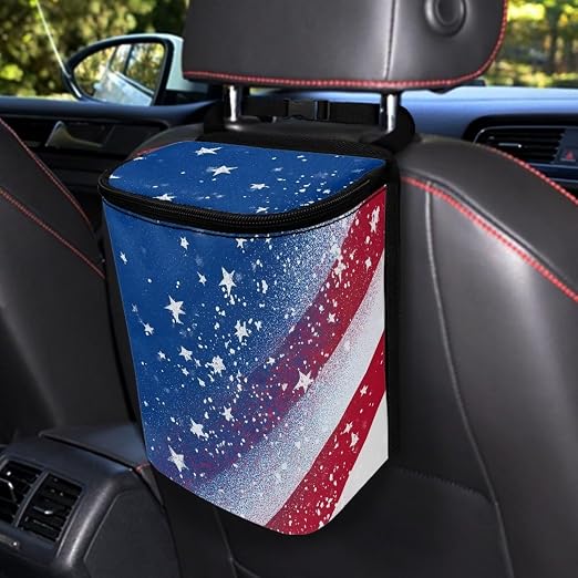 American Flag Star Print Car Trash Can with Lid, 4th of July Leak Proof Auto Trash Bag Hanging Vehicle Garbage Can Multipurpose Storage Container for Back Seat Road Trip