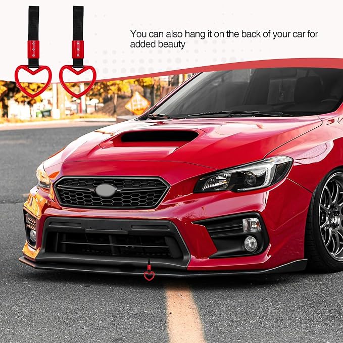 2PCS Heart Shaped Car Handle Straps, Rear Bumper Warning Keychain Ring Charm for Car Exterior Accessories (Red)