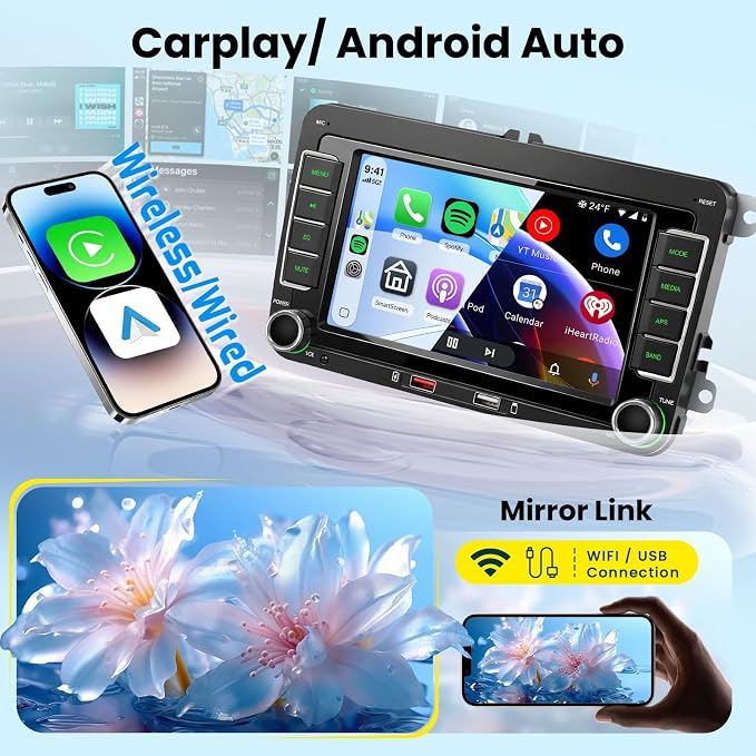 Car Stereo for Volkswagen VW Jetta Passat Golf Beetle Polo Caddy Tiguan Touran for SEAT for Skoda, 7 Inch IPS Touch Screen Wireless CarPlay & Android Auto, FM/AM/RDS Radio, EQ, SWC, Camera
