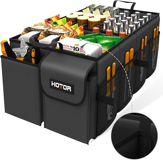 Trunk Organizer - Car Organizer, Foldable Trunk organizer for SUVs & Sedans, Sturdy Car Organization for Car Accessories, Tools, Sundries, Black, 4 Compartments, 23.2"×16.0"×11.6"