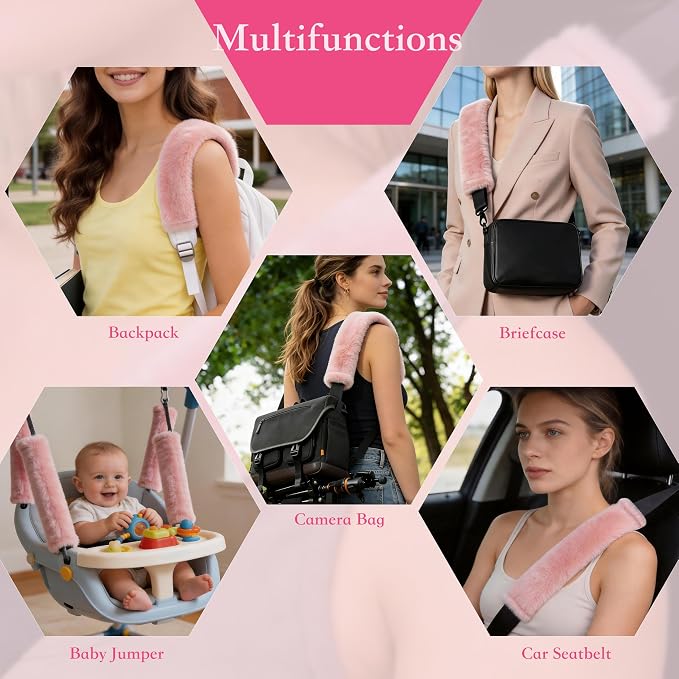 Soft Faux Fur Universal Fit Seatbelt Cover Car Truck SUV Airplane Seat Belt Shoulder Pad for Carmera Backpack Straps Neck Cushion Protector 2 Pack 10.5in Nude Pink
