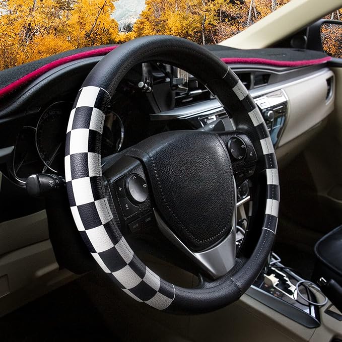 Lattice Leather Steering Wheel Cover, Black and White Checker Car Accessories, Non-Slip and Comfortable Unisex Universal Steering Wheel Cover 15 inch for Women Men (Black and White Checker)