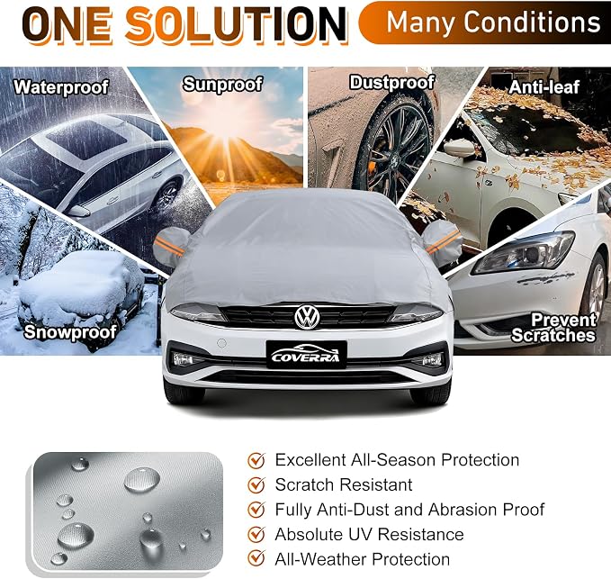 Half Car Cover with Sunroof & Roof Protection, Waterproof All Weather Half Cover for Windshield Snow Sun Rain Dust UV, Cotton Liner Universal Fit Compact Sedan