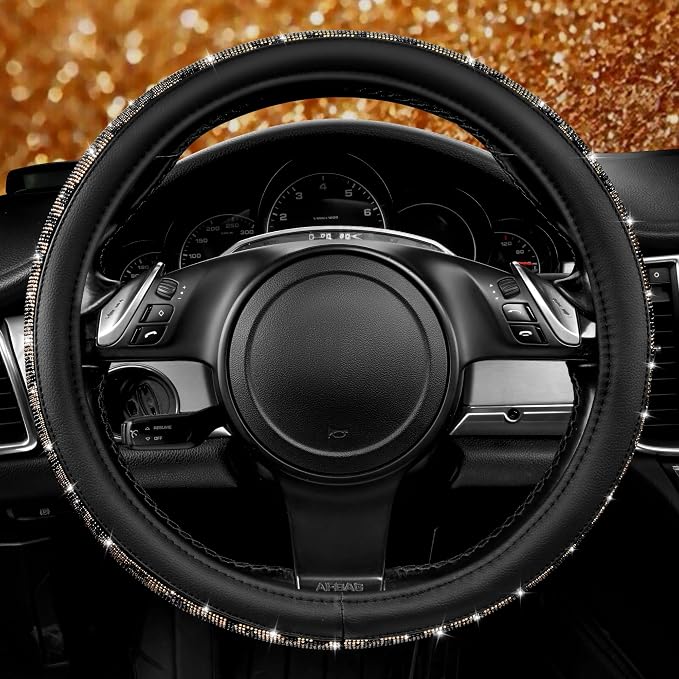 Bling Diamond Steering Wheel Cover Leopard Pattern, Sparkly Crystal Glitter Rhinestones Black Leather Wheel Protect for Women Girl Fit Suvs,Vans,Sedans,Cars,Trucks, 14" 1/2-15" Gold Leopard