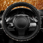 Bling Diamond Steering Wheel Cover Leopard Pattern, Sparkly Crystal Glitter Rhinestones Black Leather Wheel Protect for Women Girl Fit Suvs,Vans,Sedans,Cars,Trucks, 14" 1/2-15" Gold Leopard