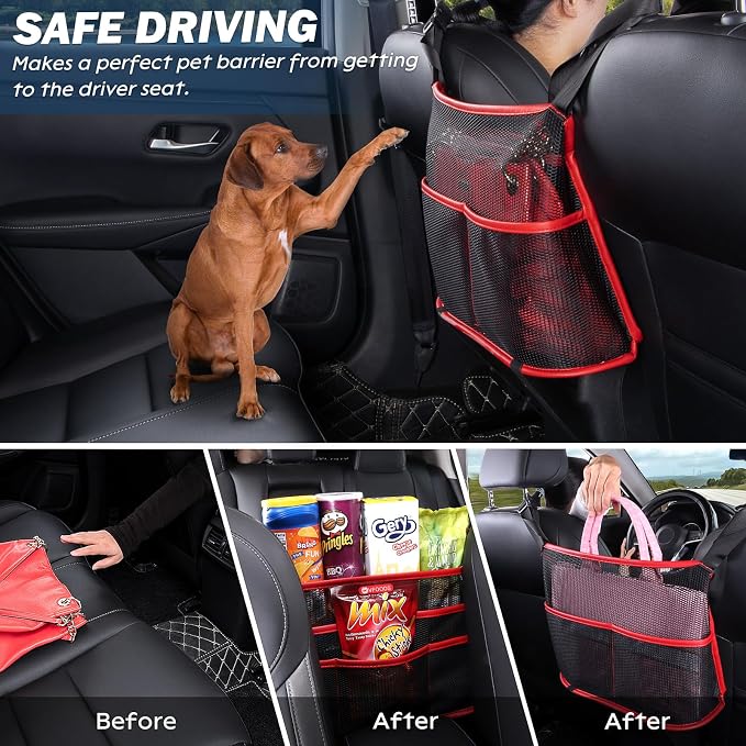 Car Seat Organizer Seat Back Storage Bag, Car Net Pocket Handbag Holder, Barrier of Backseat Dog Pet Kids for Car, Automotive Consoles Purse Holder, Black+Red Line