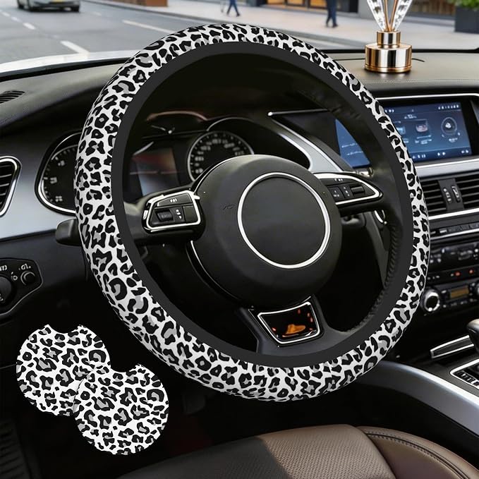 Leopard Steering Wheel Cover,Cheetah Print 2 PCS Car Coasters Leopard 14.5-15 Inch Neoprene Steering Wheel Cover,Anti-Slip Breathable Car Accessories Fits Auto Interior Decor