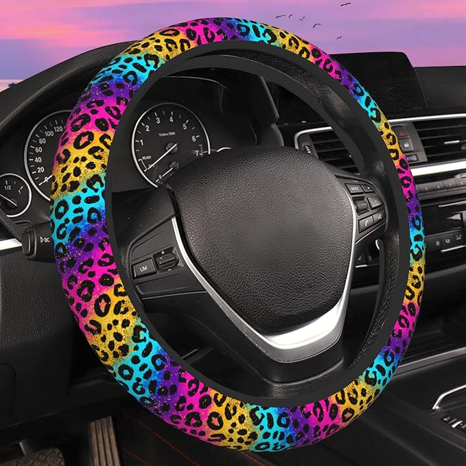 Neon Rainbow Leopard Print Steering Wheel Cover for Women Men Neoprene Breathable Wheel Cover Protector Anti-Slip Car Accessories Universal 15 Inch Fit for Cars Trucks Vehicles