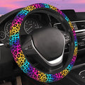 Neon Rainbow Leopard Print Steering Wheel Cover for Women Men Neoprene Breathable Wheel Cover Protector Anti-Slip Car Accessories Universal 15 Inch Fit for Cars Trucks Vehicles