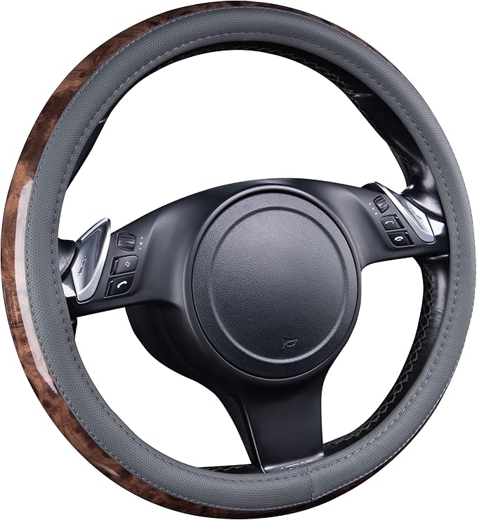 Wood Grain Microfiber Leather Steering Wheel Cover, Universal Fit for 14 1/2-15 inch Gray Steering Wheel, Anti-Slip Veins Design,Cars, Suvs,Minivans, Sedans (Gray)
