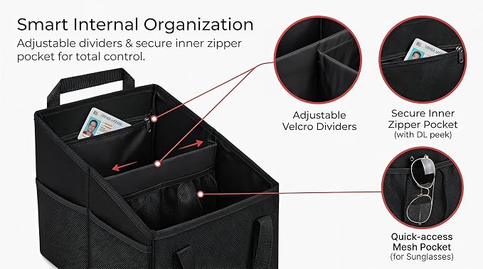 Car Seat Organizer, Collapsible Front Seat Storage Box with Adjustable Divider & Seatbelt Straps, Oxford Multifunctional Car Organizer for Passenger Seat, Backseat & Trunk, Black