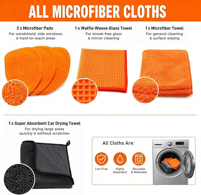 XINDELL Windshield Cleaner Tool, Extendable Car Window Cleaning Kit with 360° Rotating Head, Interior Exterior Glass Cleaner for Cars Trucks SUVs, 10PCS with 3 Pads, Towels, Brushes & Bag | 360° Head, Extendable Handle, 3 Pads, 2 Brushes, 3 Towels, Spr...