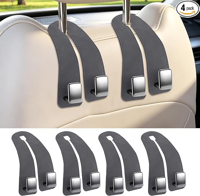 Car Headrest Hooks, Premium Suede with Metal Car Seat Back Storage Hooks for Handbag Coats Umbrella Backpack - 4 Pack, Gray