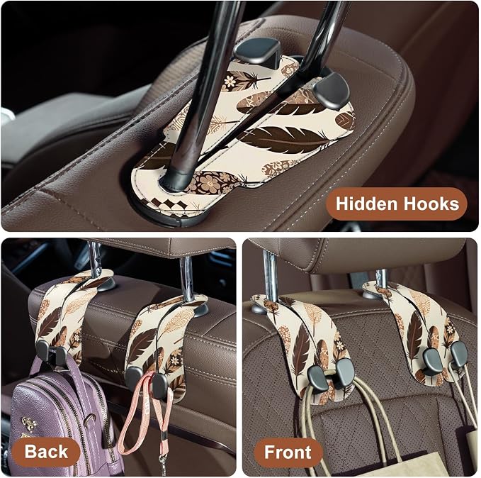 CoBak Purse Hook for Car - Universal Premium Stitched Leather and Aluminum-Magnesium Alloy Double Car Seat Back Storage Hook for Purses, Handbags, Bags (2 Pack),Feather