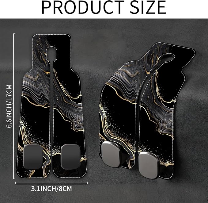 1 Pack Car Seat Headrest Hooks for Purses Abstract Black Golden Marble Bag Purse Holder for Car with Double Metal Hooks Car Purse Hanger Hanging Accessories