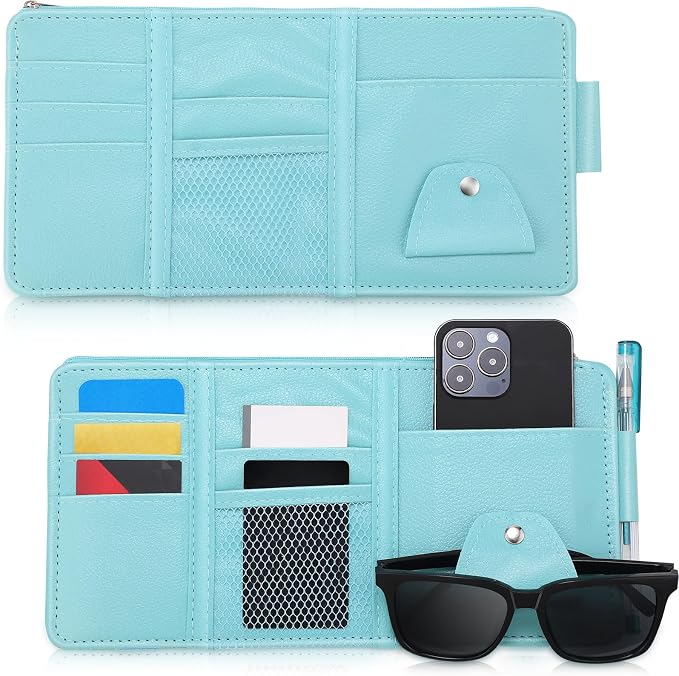 2 Packs Car Sun Visor Organizer, Sunglasses Holders for Car Sun Visor PU Auto Interior Accessories Storage Travel Document Holder with Multi Pocket (Blue, 12.2 x 6.1 Inches)