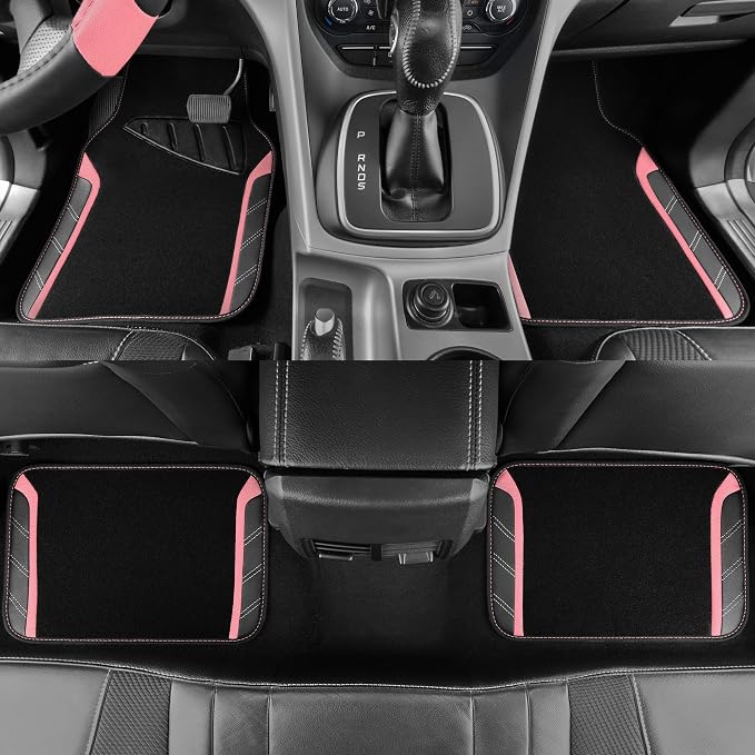 Microfiber Steering Wheel Cover and Waterproof Car Floor Mats,Leather Universal Car Combo Fit for 95% Truck,SUV,Cars,14.5-15inch Sporty Anti-Slip Safety Comfortable Design(Black and Pink)