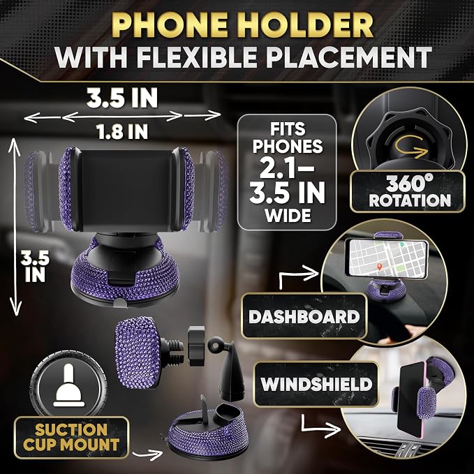 Purple Car Accessories Set, 27 Pieces – Bling Car Accessories for Women, Steering Wheel Cover, Rearview Mirror, Air Vent, Dashboard and Console Rhinestone Decor - Universal Fit Interior Styling Kit