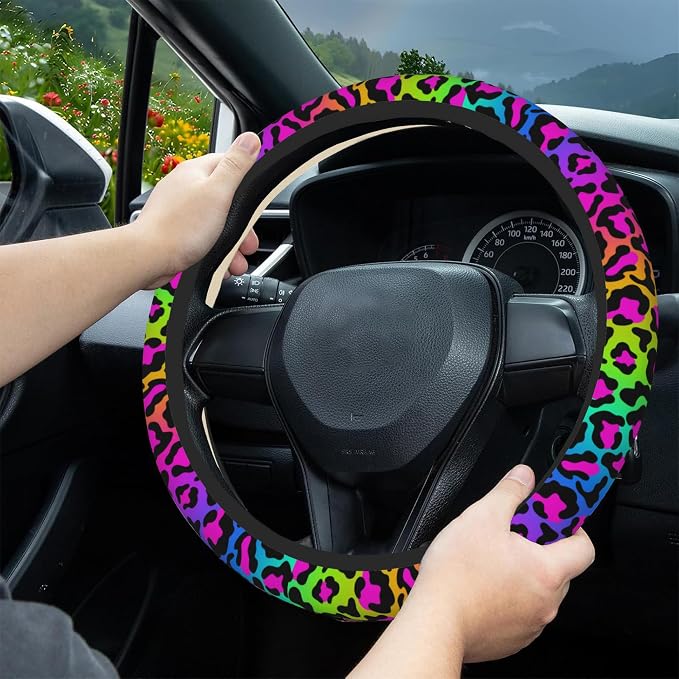 Rainbow Leopard Steering Wheel Cover,Cheetah Spots Elastic Non-Slip Steering Wheel Protector,Auto Interior Decor for Women Girls,Universal 15" Fit for Sedans,Trucks