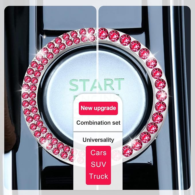 2 PCS Crystal Combinatorial Rhinestone Car Engine Start Decoration Ring, Push to Start Button Cover Sticker, Bling Car Interior Accessories for Women, Automotive Decals, Red