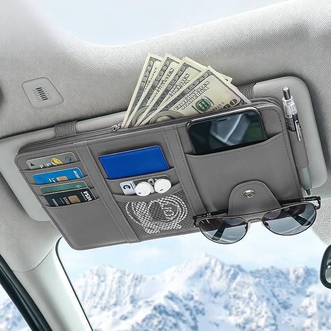 Car Sun Visor Organizer, Truck Visor Organizer, Leather Multi-Pocket Auto Visor Storage Pocket Pouch Holder with Zipper, Auto Accessories Storage Bag for Driving License Card Pen (Grey)