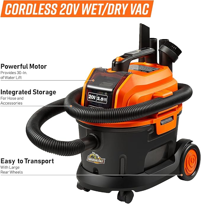 2.5 Gallon Max 20V Cordless Wet/Dry Shop Vacuum – DAA202W 0901 | Cordless Convenience, Powerful Wet/Dry Cleanup, Built for Auto Detailing, Portable Everyday Cleaning, Grab-and-Go Design