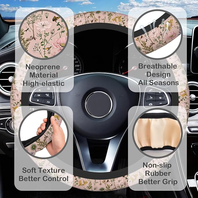 Pink Wildflower Steering Wheel Cover for Women, Anti-Slip Butterfly and Bee Car Steering Wheel Cover with 2 Pcs Cup Holders Neoprene Breathable Car Accessories Universal 15 Inch Auto Interior Decor