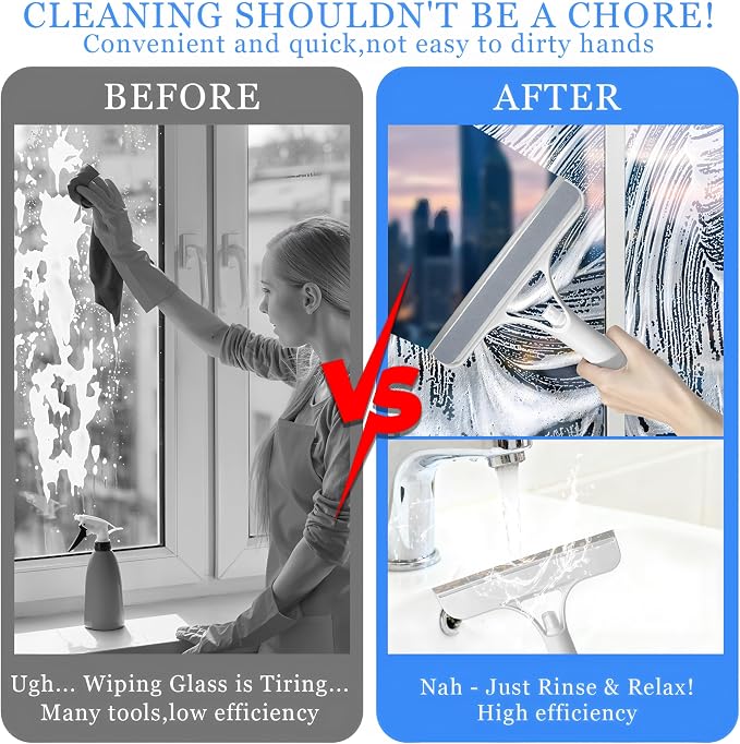 3 in 1 Window Cleaning Scraper with Spray,Glass Squeegee with Removable Hook-and-Loop Scrubbing Sponge,Mirror Cleaner Tool for Home,Car Windshield,Shower Glass,Easy Scrubbing & Streak-Free Cleaning