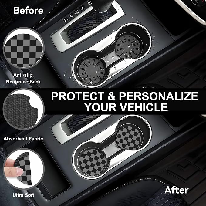 Chessboard Steering Wheel Cover,Black Grey Checkered Universal 15" Elastic Car Steering Wheel Cover with 2 PCS Car Coasters,Anti-Slip Breathable Accessories for Auto,SUVs,Truck