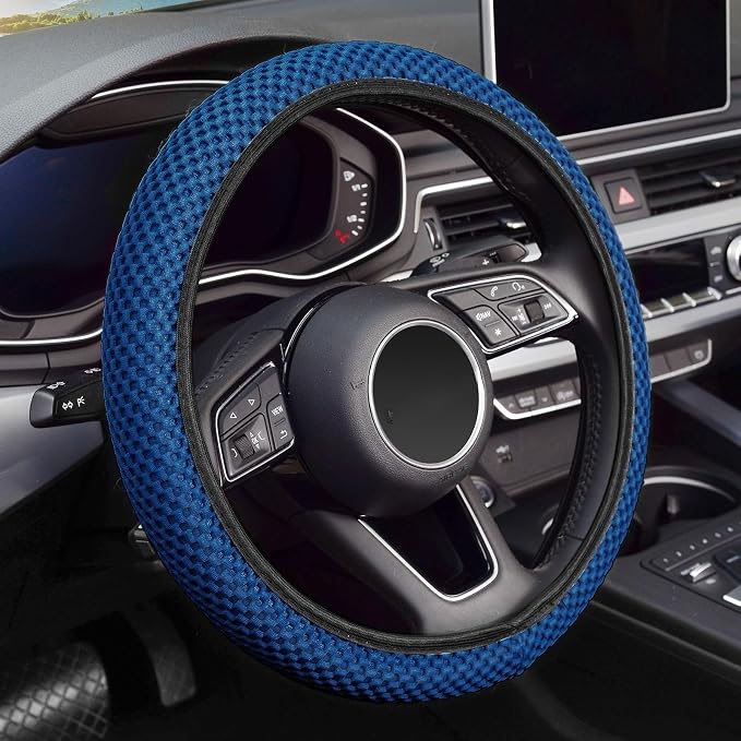 Elastic Stretch Steering Wheel Cover 15 Inch, Breathable Ice Silk Microfiber, Non-Slip Grip, Warm in Winter and Cool in Summer, Odorless, Car Accessories Fit Cars, SUVs, Light Blue