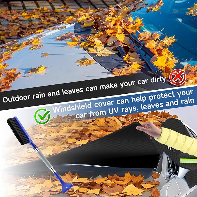 Car Windshield Snow Cover with Side Mirror Cover & 2 in 1 Brush | Thickened 4 Layers, Cold Protection, Ice Scraper, For Most Cars SUVs Trucks