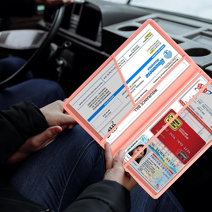 Car Registration and Insurance Card Holder, Vehicle License Document Glove Box Compartment Organizer, Interior Car Accessories for Women Men (Pink)