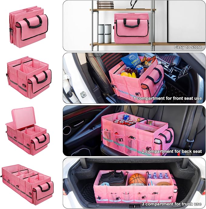 Car Trunk Organizer and Storage with Lid & Removable Cooler Bag, Car Accessories 6 Removable Dividers for Custom Space, Collapsible Trunk Organizers Interior for SUV & Sedan, Large