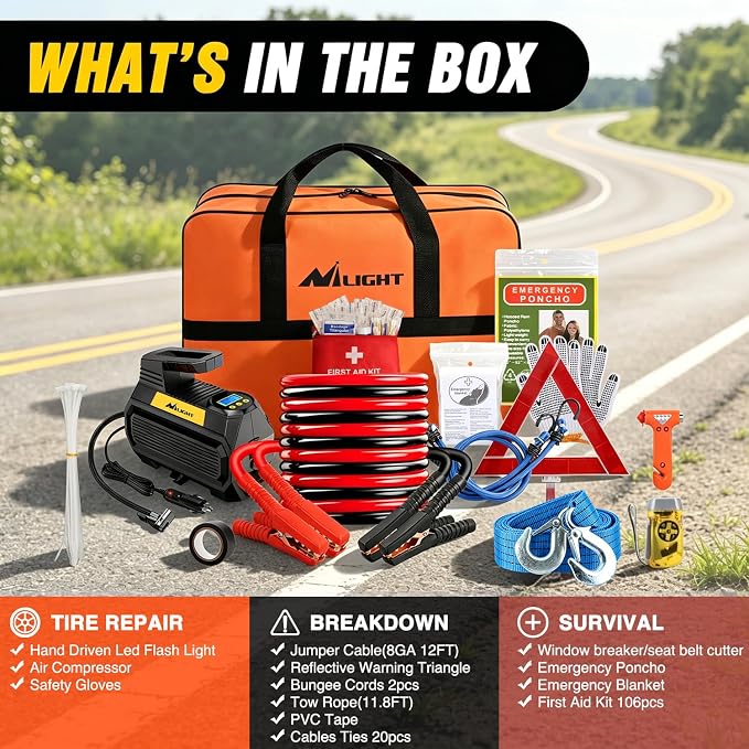 Car Emergency Kit with Jumper Cable, First Aid Kit Safety Assistance Tools for Travel Camping Outdoor Cars Truck SUV RV, Roadside Essentials with Flash Light