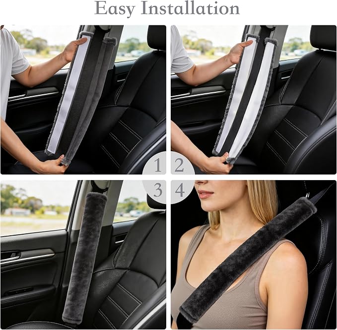 Soft Faux Fur Universal Fit Seatbelt Cover Car Truck SUV Airplane Seat Belt Shoulder Pad for Carmera Backpack Straps Neck Cushion Protector Extra Long 25.6in Dark Gray