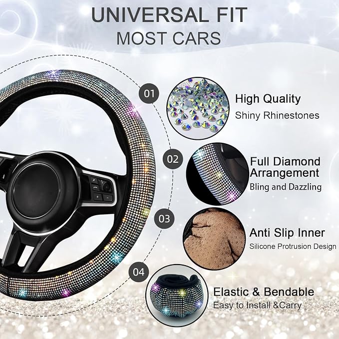 8 pcs Bling Car Accessories Set for Women, Steering Wheel Cover, Sparkly Seat Belt Covers, Bling Gear Shift Cover, Universal Fit Most Cars (Multicolor Diamond)