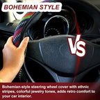 Boho Flax Cloth Steering Wheel Cover, Hippie Baja Blanket Anti-Slip Breathable Protector, Universal Fit 14.5-15 Inch for Cars SUV Van Truck, Women Car Interior Accessories (Style B)