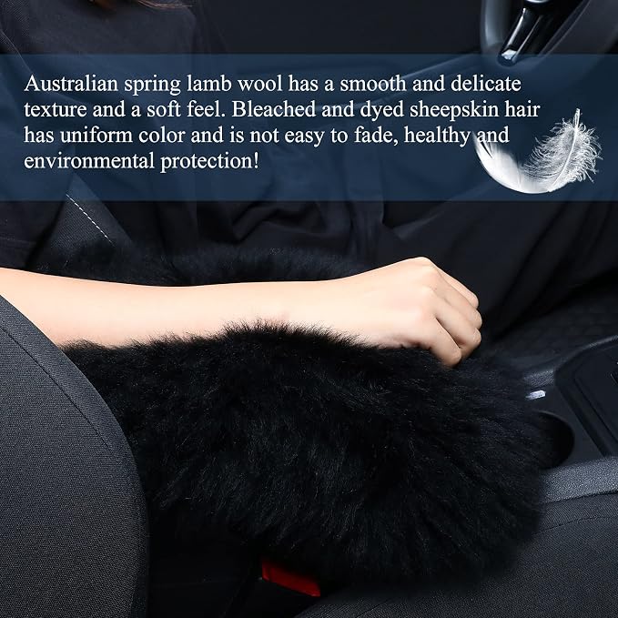 Furry Armrest Cover Auto Center Console Cover Car Soft Console Pad, Real Sheepskin Wool Soft Fluffy Auto Center Armrest Pad for Most Car Decoration Protector(Black)