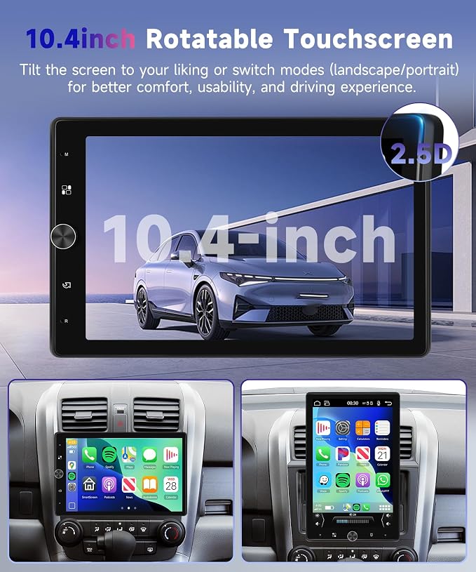 10.4“ Wireless CarPlay Stereo Single Din Car Radio,2025 Upgraded Rotatable HD IPS Touch Screen,Wireless Android Auto Car Play Screen Bluetooth RDS/FM EQ SWC USB/TF Backup Camera