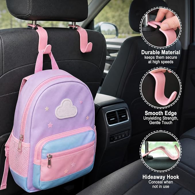 Car Seat Hooks for Headrest 4 Pack, Car Seat Back Storage Hook, Universal Vehicle Headrest Hanger for Purse, Handbag, Coat, Umbrella, Grocery Bags, Practical Interior Accessories