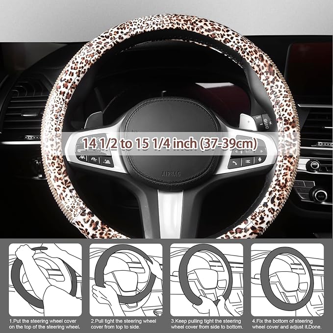 Leopard Print Steering Wheel Cover - Bling Crystal Rhinestones Cheetah Print on PVC Leather Non-Slip Breathable Design for Women/Girls Universal Fit 14.5-15 Inch