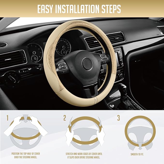 Steering Wheel Cover, Gold Patterned Leather Patchwork Design, Universal Fit 14.5"–15.5", Anti-Slip, Odor-Free, Soft PU Grain Leather, Durable Grip Car Accessory for Girls & Women